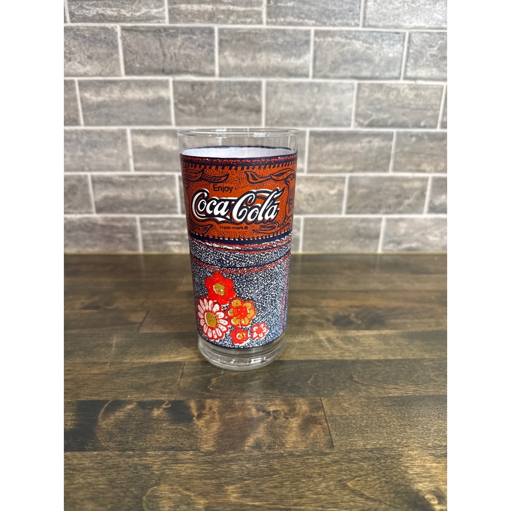 Vintage Coca-Cola McDonald's Denim Collection Glass Tumbler‎ Floral Bandana 6in